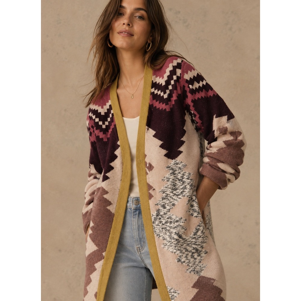 Anthropologie Geometric Intarsia Longline Duster Cardigan Sweater OS wool blend